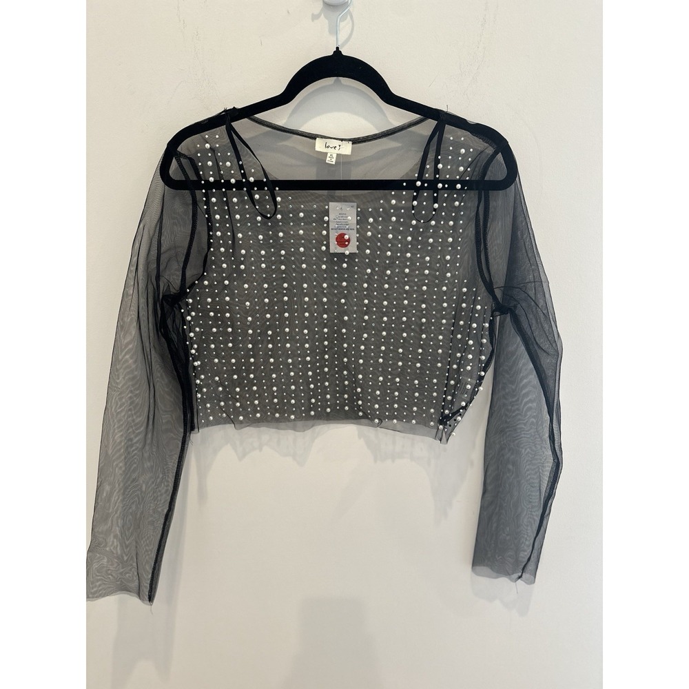 Love Womens Sheer Black Long Sleeve Cropped Top With Pearl & Gemstone Pattern XL